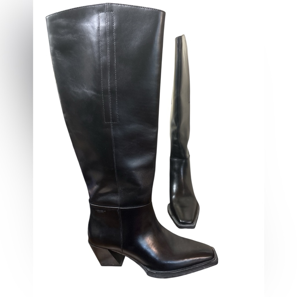 Vagabond Black Leather Knee-High Boots square toe Cuban block heel 37